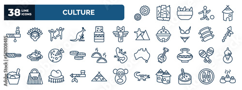 set of culture web icons in outline style. thin line icons such as ajotomate, calumet, capoeira brazil dancers, native american totem, native american spear, dumplings, maracas couple, pipe of