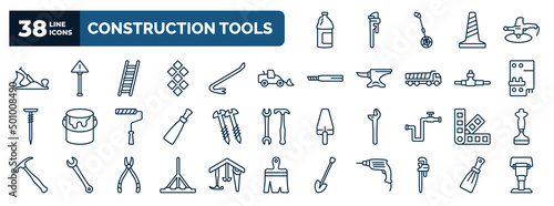 set of construction tools web icons in outline style. thin line icons such as gallon oil, jack plane, ladder, loader, circuit breaker, screws, pantone, bump cutter, stillson wrench, scratcher tool