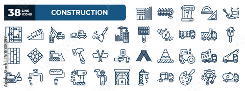 set of construction web icons in outline style. thin line icons such as big building, big clo, demolition, constructions, home key, dump truck, electric drill, pallete, , tool bag
