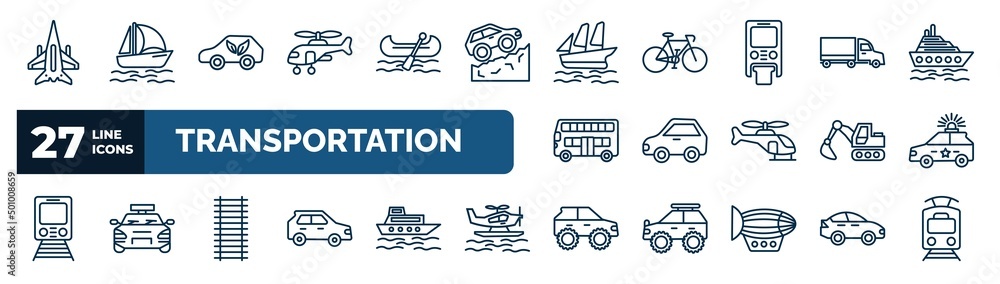 set of transportation web icons in outline style. thin line icons such ...