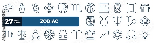 set of zodiac web icons in outline style. thin line icons such as air, understanding, hope, gemini, , hypocrisy, silver, justice vector.