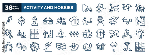 set of activity and hobbies web icons in outline style. thin line icons such as game playing, flying a kite, ballerina, brewing, pachinko, walking, biking, mountaineering, jump rope, gliding