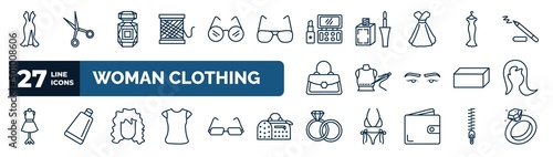 set of woman clothing web icons in outline style. thin line icons such as sexy female dress, thread spool, makeup, female long black dress, clo, female long hair, human black hair, engagement ring