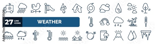 set of weather web icons in outline style. thin line icons such as meteorology, windsock, hurricane, climate, rainbow, thermometer, temperature, full moon vector.