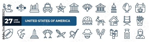 set of united states of america web icons in outline style. thin line icons such as statue of liberty, cab, thanksgiving peacock, eagle, democrat, french fries, obelisk, cowboy vector. photo