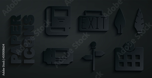 Set Road traffic signpost, Stone age arrow head, Museum ticket, Information, Exit and History book icon. Vector
