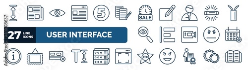 set of user interface web icons in outline style. thin line icons such as height, images interface, sale time, fluorescent, object alignment, add event, credit card crossed, cinema star vector.