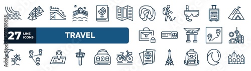 set of travel web icons in outline style. thin line icons such as water slide, venice, sleeping, suitcases, bus ticket, , unfolded map, passport vector.