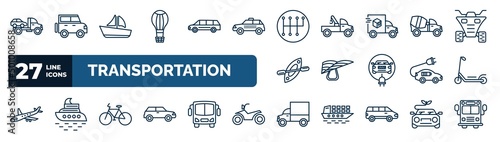 set of transportation web icons in outline style. thin line icons such as wrecker, hot air balloon, gear box, cement truck, hang glider, scooter, bicycle, lorry vector.