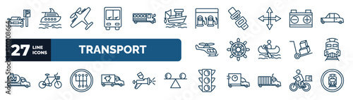 set of transport web icons in outline style. thin line icons such as car parking, public transportation, petrol station, workshop repair, ship wheel, diesel train, gearshift, semaphore vector.