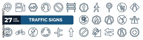 set of traffic signs web icons in outline style. thin line icons such as port, left hair pin, ahead only, no shopping cart, fire, motorway, no straight, forbidden vector.