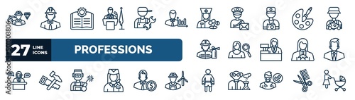 set of professions web icons in outline style. thin line icons such as miner, president, pharist, artist, hr specialist, businessman, welder, boxer vector.