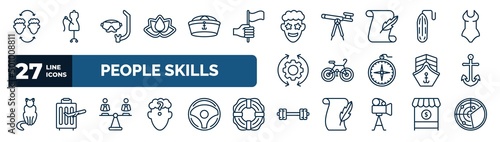 set of people skills web icons in outline style. thin line icons such as empathy, wellness, emotions, rescue tube, cyclist, sailboat anchor, equality, body building vector.