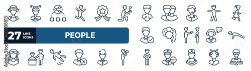 set of people web icons in outline style. thin line icons such as farmers, happy man jumping, recovery, standing frontal man, woman hair, push ups, slide down, man saving money vector.