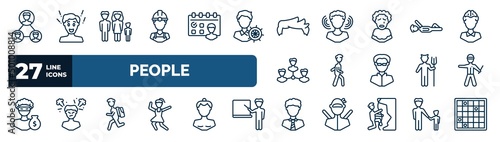 set of people web icons in outline style. thin line icons such as networking connection, constructor, man hair, iying down, person walking, policeman standing up, backpacker running, business tie