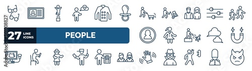 set of people web icons in outline style. thin line icons such as couple of glasses, man, person mowing the grass, preference, scholar girl front, electromagnet, napoleon figure, slap vector.