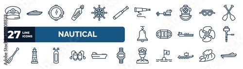 set of nautical web icons in outline style. thin line icons such as captain hat, message in a bottle, boat telescope, knot, rubber raft, boat engine, oxygen tank, sailor vector.