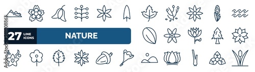 set of nature web icons in outline style. thin line icons such as snowslide, mimosa, maple, hyacinth, , pointia, peppermint, hills vector.