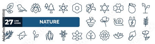 set of nature web icons in outline style. thin line icons such as branch, cedar, lily, bergamot, peony, pinnate, grow plant, poplar vector.