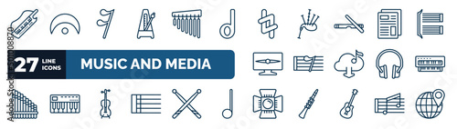 set of music and media web icons in outline style. thin line icons such as keytar, metronome, natural, newspaper report, eight note rest, organ, cello, music spotlight vector.