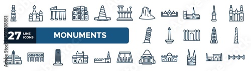 set of monuments web icons in outline style. thin line icons such as qutb minar in new delhi, pula arena, canyon, philippines, national monument monas, walled obelisk, circle, shrine of remembrance
