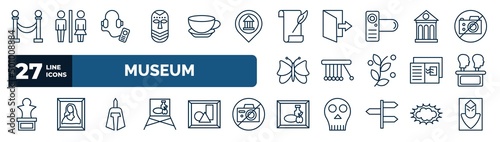 set of museum web icons in outline style. thin line icons such as museum fencing, african mask, poetry, museum building, newtons cradle, remains, roman or greek helmet, still life vector.