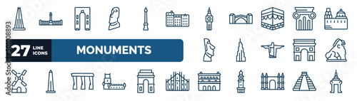 set of monuments web icons in outline style. thin line icons such as the, moia statues, the clock tower, greek column, , imperial guardian lion, bay, lonja of zaragoza vector.