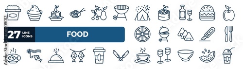 set of food web icons in outline style. thin line icons such as canjica, sushi dish, night camping, give a burger, cooking on the, knife and fork, hotel service, hot drinks vector.
