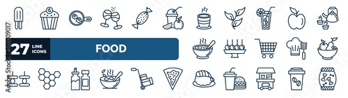 set of food web icons in outline style. thin line icons such as ice lolly, glasses of wine, tea cup of japan, fruit, dish and toothpick, fruit salad, condiments, sushi prawn vector.