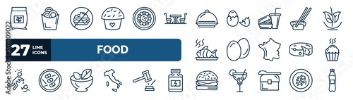 set of food web icons in outline style. thin line icons such as fodder, romantic muffin, covered food tray, sushi and chopsticks, two eggs, muffin bake, vegetarian food, burguer vector.