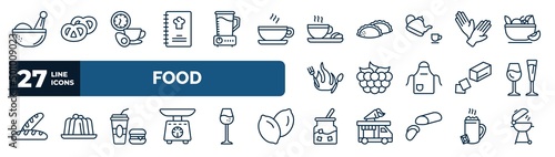 set of food web icons in outline style. thin line icons such as spices, restaurant menu, warm cup and plate, protection gloves, raspberry leaf, alcoholic drinks, junk food, sugar container vector.