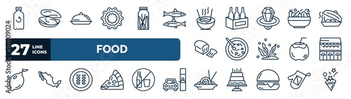 set of food web icons in outline style. thin line icons such as recycling bottles, flower shaped biscuits, noodle soup, bowl with vegetables, luosifen, cafe bar, guotie, chow mein vector.