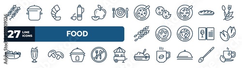 set of food web icons in outline style. thin line icons such as brochette, thermo flask, winter melon soup, french bread, hainanese chicken, pistachio, mushrooms, dandan noodles vector.
