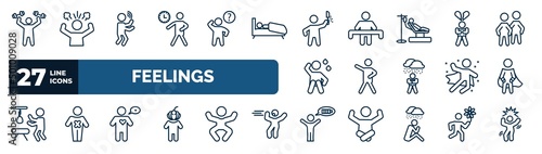 set of feelings web icons in outline style. thin line icons such as strong human, impatient human, awful human, heartbroken grateful super alive energized vector.