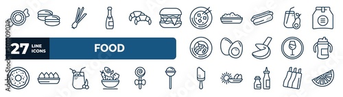 set of food web icons in outline style. thin line icons such as polvoron, champagne bottle, mapo tofu, healthy shakes, boiled egg, sippy cup, fresh smoothie, bitten ice cream vector.