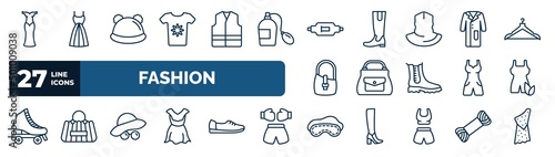 set of fashion web icons in outline style. thin line icons such as cord lace, t shirt with flowers, gym belt, lab coat, woman bag, wellness coach, style, sleeping mask vector.