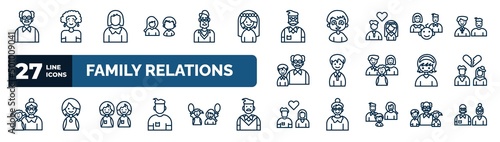 set of family relations web icons in outline style. thin line icons such as grandfather, sibling, father-in-law, parent, nephew, ex-husband, twin, girlfriend vector.