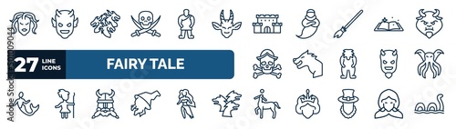 set of fairy tale web icons in outline style. thin line icons such as female medusa, jolly roger, castle, fairy tale, werewolf, cthulhu, dwarf, centaur vector.