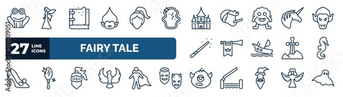 set of fairy tale web icons in outline style. thin line icons such as toad, troll, palace, unicorn, fanfare, seahorses, knight, cyclops vector.