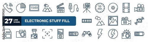 set of electronic stuff fill web icons in outline style. thin line icons such as phone receiver, scenic, camera stand, film roll, landscape photo, shake camera, old camera, joypad vector.