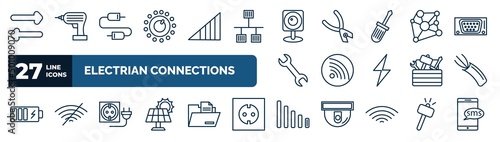 set of electrian connections web icons in outline style. thin line icons such as switch, dimmer, web camera, connections, wireless internet, wire, wall socket, low vector.