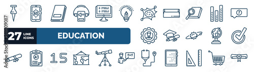 set of education web icons in outline style. thin line icons such as pushpin, audio book, virus, bars, graduating, check mark, numbers, cardiology tool vector.