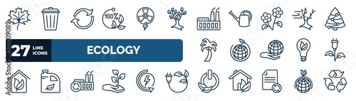 set of ecology web icons in outline style. thin line icons such as m leaf, 100 percent natural, power plant, wind bending tree, eco, green energy source, recycling factory, green power vector.