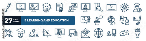 set of e learning and education web icons in outline style. thin line icons such as fountain pen, learning, distance teacher, daycare center, lecture, study tools, sociology, grades vector.