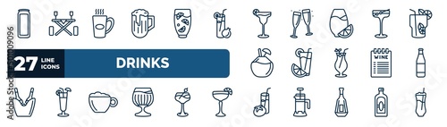set of drinks web icons in outline style. thin line icons such as energy drink, pub, margarita, manhattan, greyhound drink, lime rickey drink, cappuccino, tomato juice vector.
