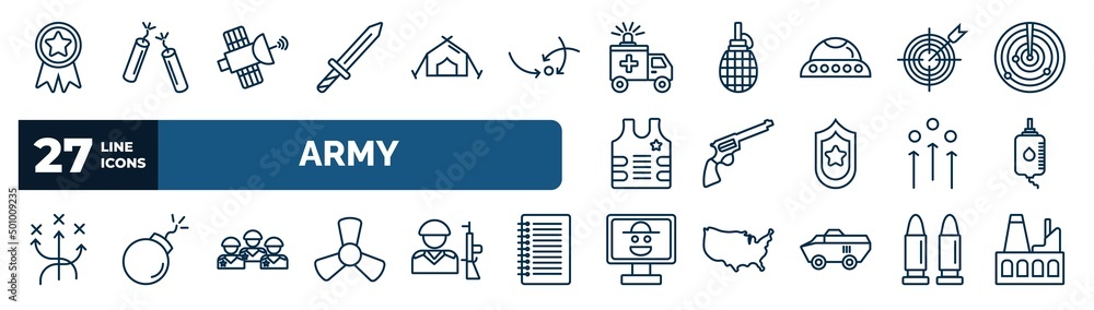 set of army web icons in outline style. thin line icons such as rank ...