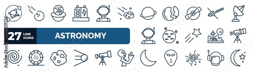 set of astronomy web icons in outline style. thin line icons such as planets, generator, saturn, voyager, neptune with satellite, big telescope, asteroid, big moon vector.