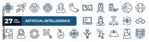 set of artificial intellegence web icons in outline style. thin line icons such as nano sensor, chip, immersive, ball, nurse, graphene, processing, exoskeleton vector.