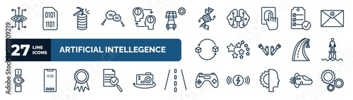 set of artificial intellegence web icons in outline style. thin line icons such as smart lens, speech bubble, genetic modification, check list, outer space, flyboard, recognition, gaming vector.