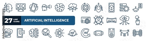 set of artificial intelligence web icons in outline style. thin line icons such as available, view, rotation, efficiency, users, interactivity, cookies, 360 degree vector.